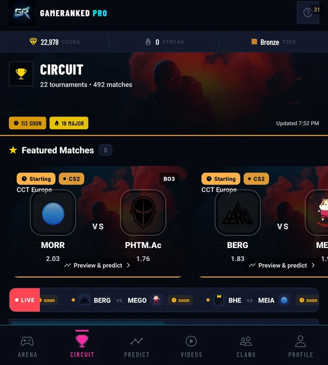 The real GameRanked PRO Circuit screen — tournaments and featured matches