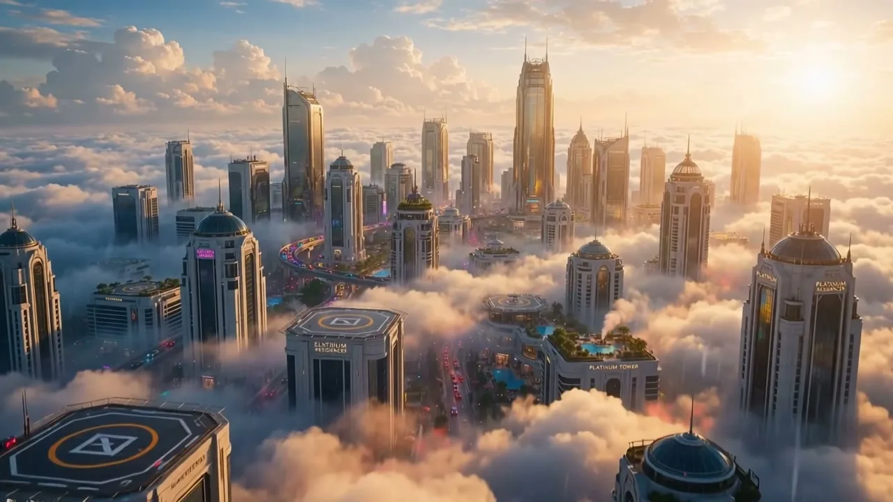 Havis above the cloud line — golden towers, terraces and still water in morning light, the half of the city with almost no cameras